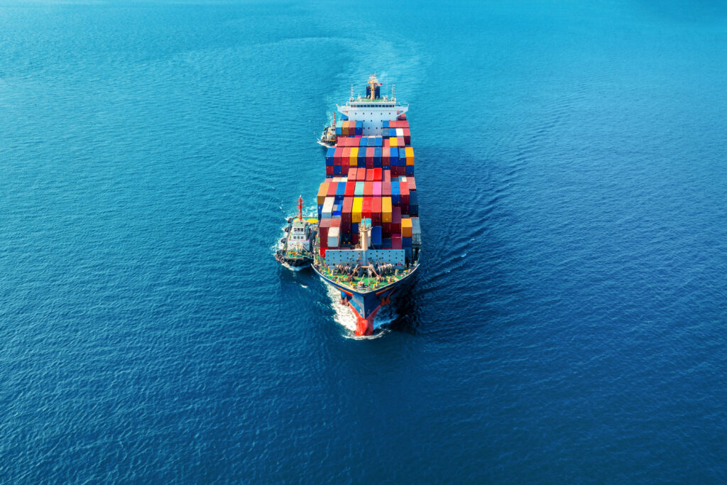 cargo ship dubai with cargo container on sea.